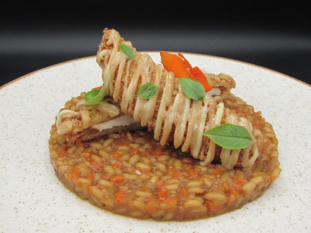 poulet pane japonais torikatsu accompagne de maze gohan riz aux legumes